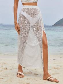 SHEIN Frenchy Summer Outfits Lace Split Cover Up Skirt Beach Smock - White - View 6