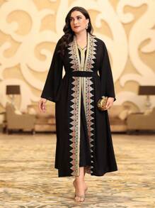 Al Najma Plus Size Embroidery Patchwork Jacket & Woven Belt Patchwork Dress