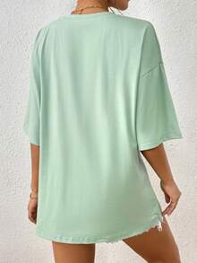 SHEIN EZwear 女性口號印花垂肩袖t恤 - 綠色 - 查看 2