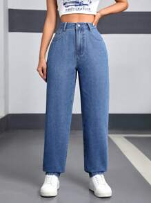 SHEIN EZwear Women's High Waist Straight Leg Denim Jeans - Blue - View 1