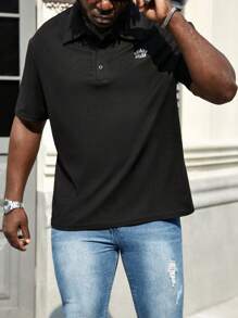 Manfinity Homme 男士加大尺寸印花短袖polo恤 - 黑色 - 查看 5