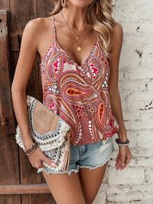 SHEIN LUNE Mẫu Paisley Dây đeo Cami ngọn - Đỏ - Xem 4