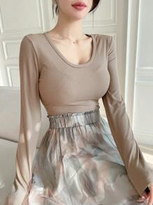 DAZY Áo thun nữ tay dài ôm vừa vặn, chất liệu mỏng, thời trang thu đông cho nữ - Màu Khaki - Xem 6
