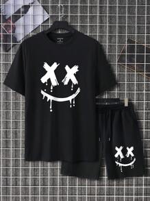 Manfinity Dauomo Men's Cartoon Print Short Sleeve T-Shirt And Shorts 2pcs/Set - Black - View 5