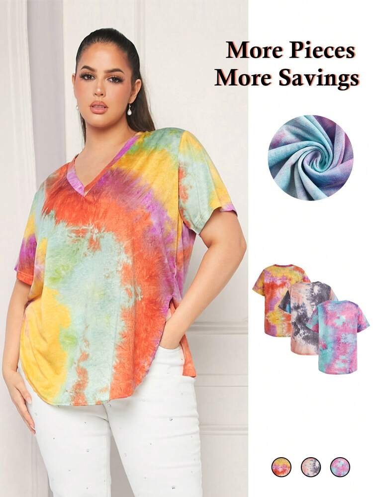 Plus Size3pcs V-Neck Curved Hem Tie-Dye Fabric For Casual Vacation Short Sleeve