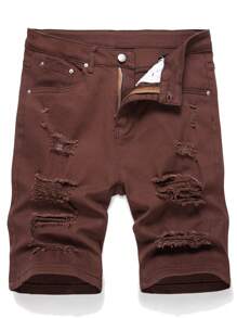 Manfinity Homme Men's Distressed Denim Shorts - Coffee Brown - View 1