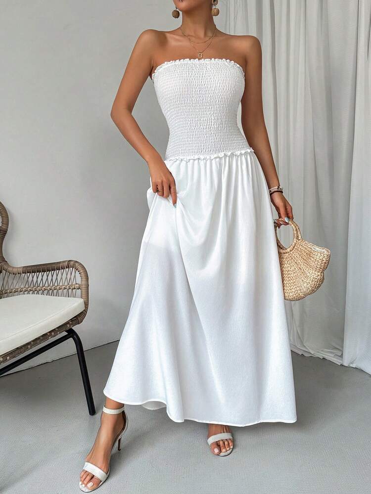 Strapless Shirred Design Elegant Vacation Style Floor-Length Dress