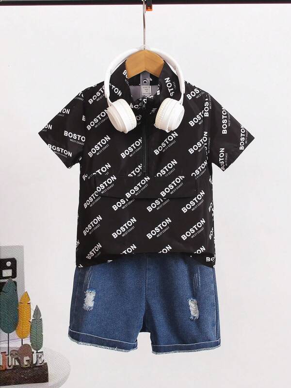 SHEIN Young Boy's Cool And Casual Half-Zip Short-Sleeved Shirt With Letter Print And Ripped Denim Shorts Set, Fresh And Comfortable, Spring/Summer