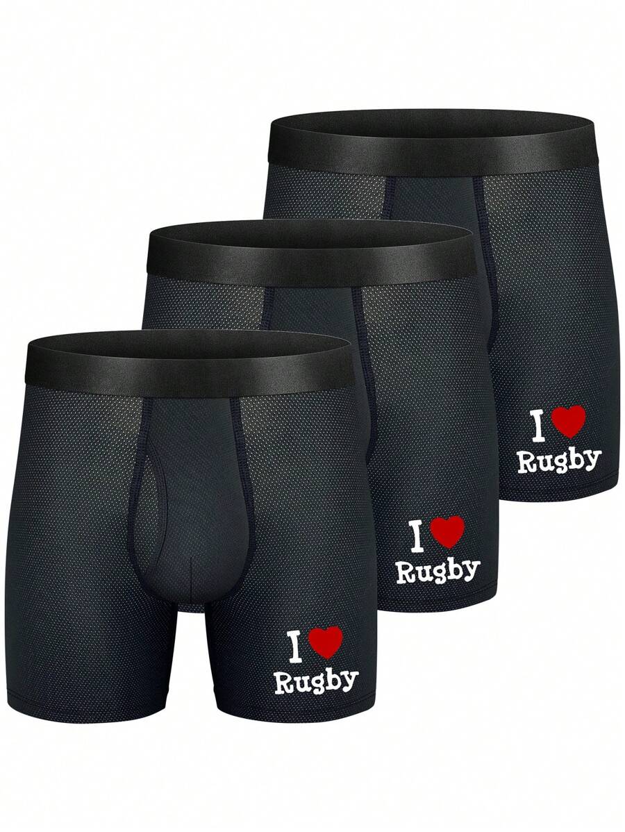 Men's Letter & Heart Printed Boxer Briefs (Pack Of 3) - Black - View 1