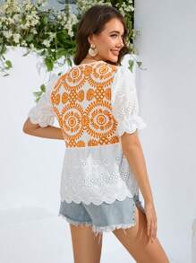 GENKIRA 女士顏色拼接刺繡拼接襯衫,貝殼邊緣細節設計 - 橘色 - 查看 2