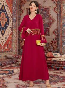 Al Najma Women's Gold Fringe Decorated Arabian Dress