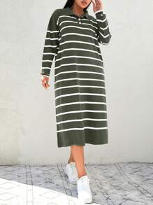 SHEIN Cottnline Plus Size Color Block Striped Drop Shoulder Sweater Dress - Olive Green - View 4