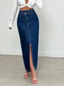 EURMUSE Women's Irregular Waist High Side Split Long Denim Skirt - Medium Wash - View 6