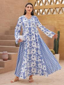 Al Najma 女式花卉印花长袖夏季休闲阿拉伯连衣裙 - 藍白色 - 查看 4