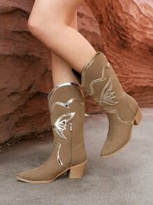 Styleloop 女士中筒靴，编织纹理，波西米亚风，西部风，音乐节风格 - 黃色 - 查看 5