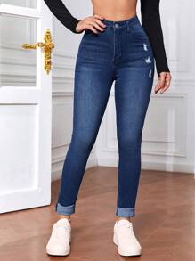 SHEIN Tall Quý cô Thon gọn Đau khổ Denim Quần jean - Màu xanh lam - Xem 3
