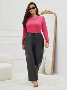 SHEIN Essnce 大尺寸圓領長袖連身衣,適合基本穿著 - 玫紅色 - 查看 4