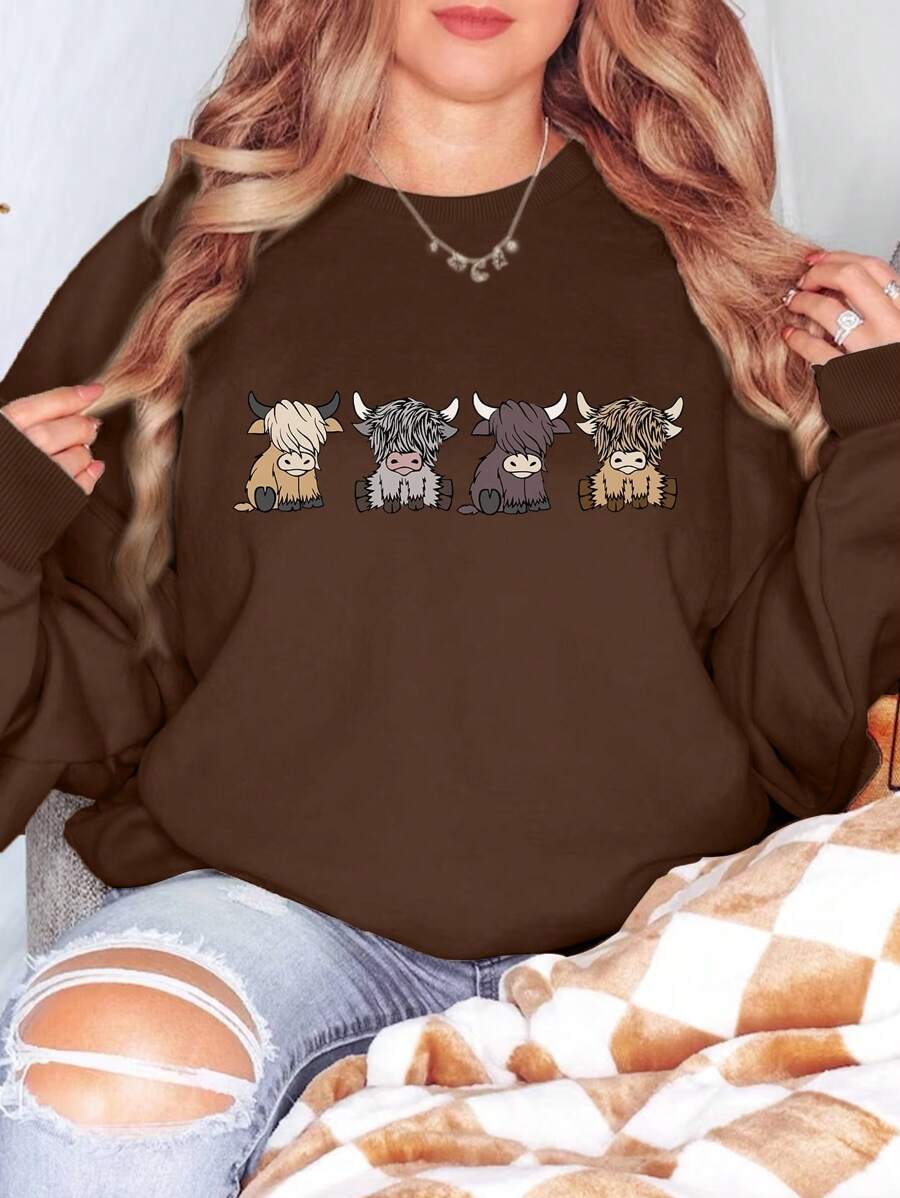 INAWLY Ladies' Cartoon Pattern Round Neck Sweatshirt,Long Sleeve Tops Pullover Fall Sweatshirt - Coffee Brown - View 1