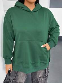 Flirla Plus Size Kangaroo Pocket Drop Shoulder Split Hem Sweatshirt - Dark Green - View 4