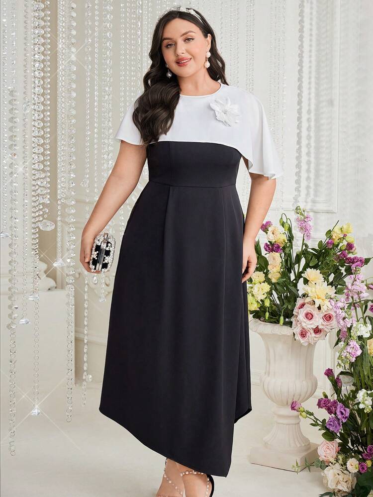 Plus Size Women's Patchwork 3d Flower Decorated Dress Long Evening Dresses