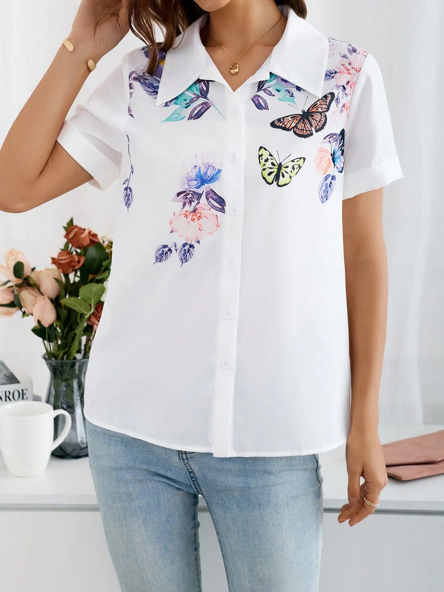Camisa Blanca De Manga Corta Con Estampado De Mariposas Y Flores Para Mujer - Blanco - Ver 1