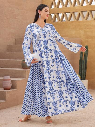 Al Najma 女式花卉印花长袖夏季休闲阿拉伯连衣裙