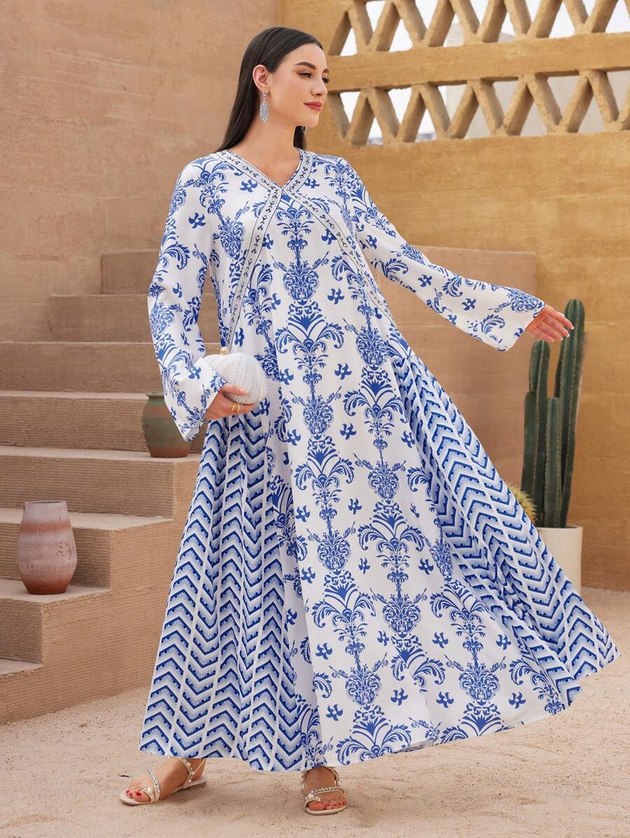 Al Najma 女式花卉印花长袖夏季休闲阿拉伯连衣裙 - 藍白色 - 查看 1