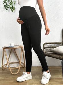 SHEIN Maternity Casual Solid Color Adjustable High Waist Cropped Pants - Black - View 4