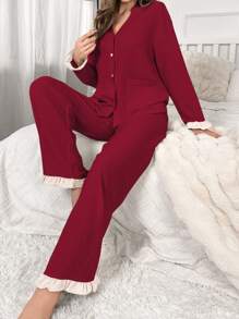 女式长袖上衣和荷叶边下摆睡衣套装 - 酒紅色 - 查看 4