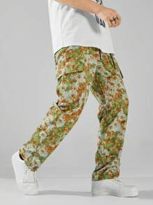 Manfinity EMRG Pantalones Cargo Estampados Con Estampado De Flores Para Hombre De Talla Grande - Amarillo - Ver 5