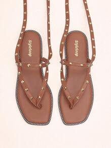 Styleloop Ladies' Fashionable Spike Detail Comfortable Flat Sandals - Brown - View 1