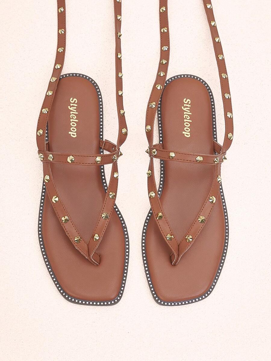 Styleloop Ladies' Fashionable Spike Detail Comfortable Flat Sandals - Brown - View 1