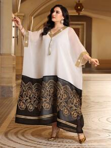 Al Najma 大碼彩塊刺繡拼接蝙蝠袖連衣裙