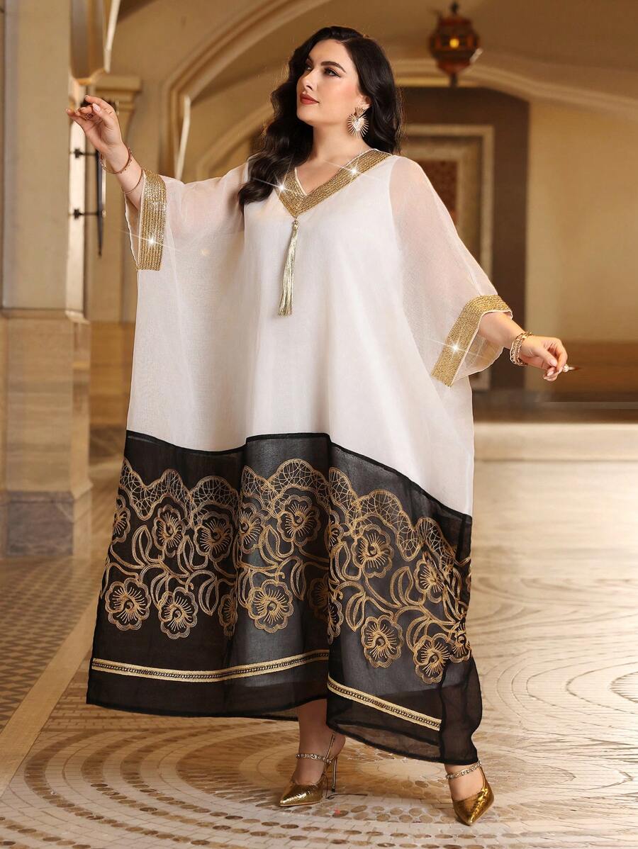 Al Najma 大碼彩塊刺繡拼接蝙蝠袖連衣裙