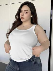 Dazy Plus Top Tank feminina básica em cores sólidas, de Plus Size, ajuste justo para usar com sobreposição no verão - Branco - Visão 1