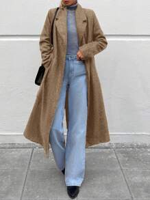 EURMUSE Lapel Neck Slant Pocket Belted Overcoat - Aprikot - View 1