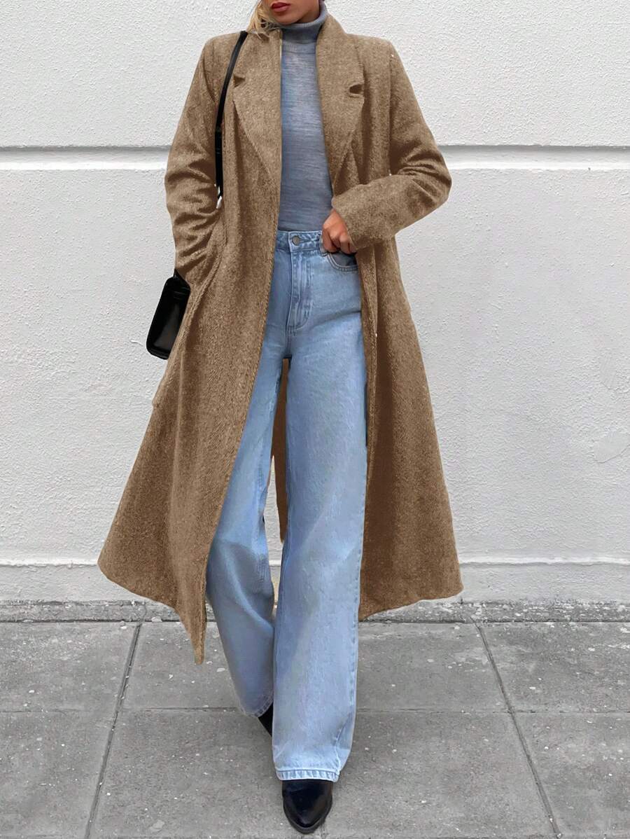 EURMUSE Lapel Neck Slant Pocket Belted Overcoat - Aprikot - View 1