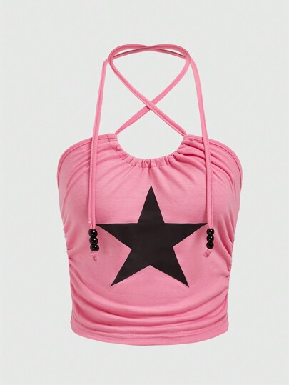 Grunge Punk Star Pattern Crisscross Halter Neck Ruched Top For Summer