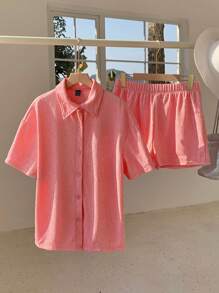 Comfortcana Solid Color Drop Shoulder Blouse And Shorts Set - Pink - View 1