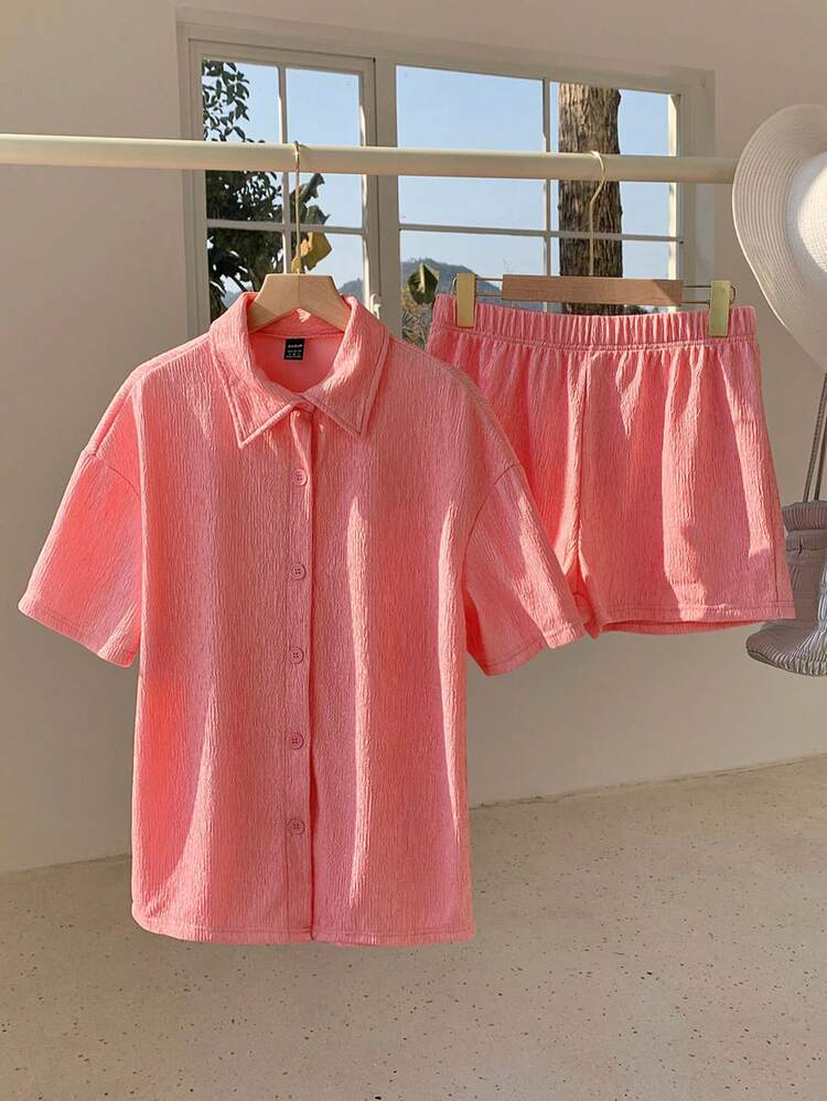 Solid Color Drop Shoulder Blouse And Shorts Set