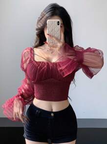 DAZY 女式方領網狀長袖襯衫 - 紅色 - 查看 1