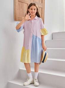SHEIN Leap Crew 少女們的雜色寬鬆休閒襯衫裙 - 粉色 - 查看 4
