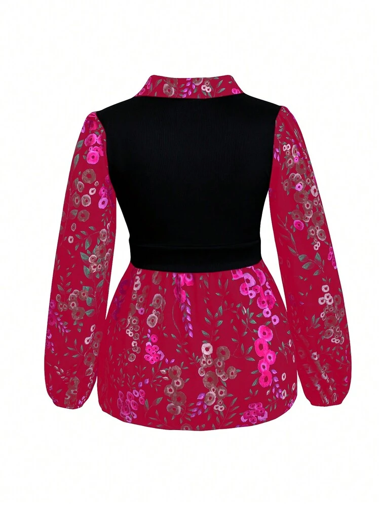 Plus Size Women's Two-In-One Top With Lantern Sleeves And Plant Print Fall Cloth For Women