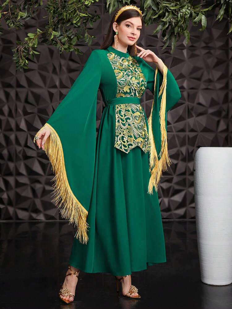 Women's Arabic Style Embroidery Patchwork & Fringe Decorated Flare Sleeve Dress, Elegant Evening Party Dress Kaftan Jalabiya Dress