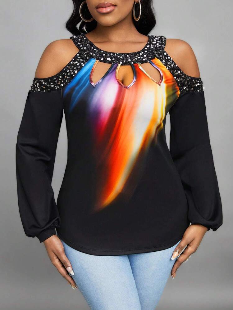 Glitter Decor Cut-out Shoulder Lantern Sleeve T-shirt