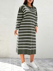 SHEIN Cottnline Plus Size Color Block Striped Drop Shoulder Sweater Dress - Olive Green - View 5