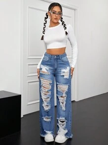 SHEIN ICON 仿舊破洞直筒牛仔褲 - 中等水洗藍 - 查看 6