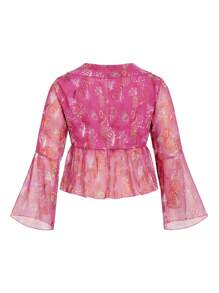 SHEIN LUNE Plus Size Women's Coral Print Ruffle Neck Flare Sleeve Top - Multicolor - View 2