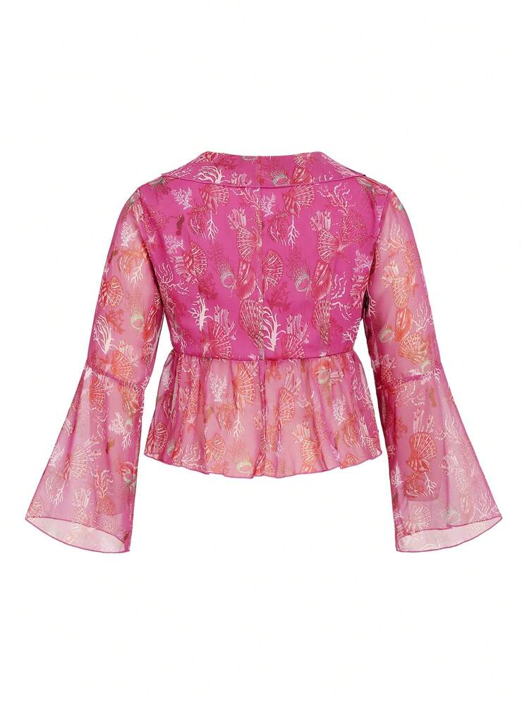 Plus Size Women's Coral Print Ruffle Neck Flare Sleeve Top
