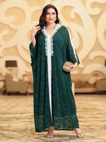 Layrah Váy Kaftan Jalabiya Ả Rập tay cánh dơi Jacquard cỡ lớn cho nữ, phong cách tiệc tối sang trọng thanh lịch - Màu xanh lá cây đậm - Xem 5
